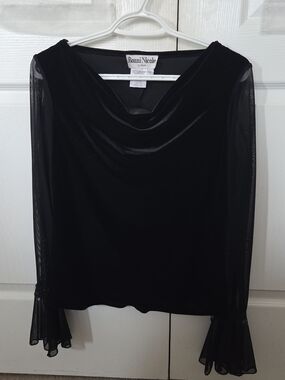 Ronni Nicole Vintage Black Velvet Cowl Neck Blouse with Sheer Bell Sleeves